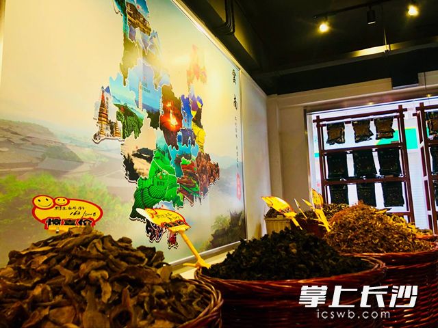 在大幅云南特產(chǎn)地圖前,，產(chǎn)自云南各地市的野生菌類和土產(chǎn)一應(yīng)俱全。