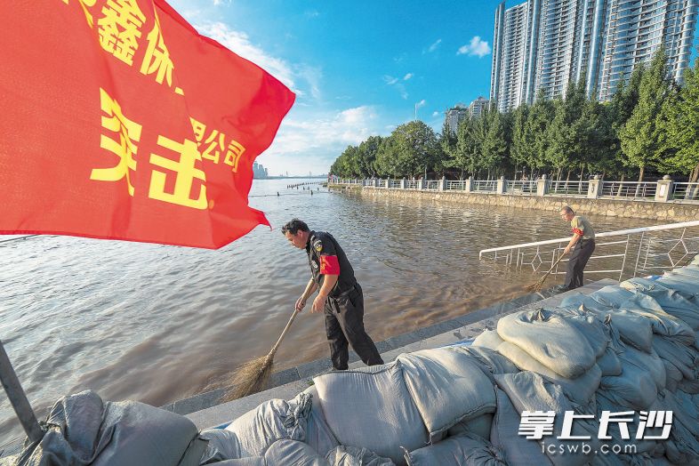 7月7日傍晚6時(shí),，湘江風(fēng)光帶湘江中路段,，志愿者正在清掃河堤。 長沙晚報(bào)記者 陳飛 攝