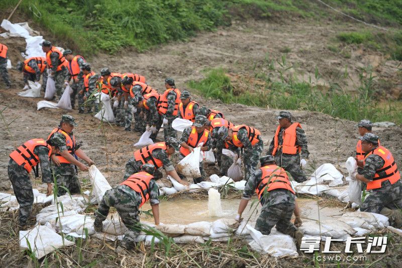 演練現(xiàn)場,，民兵應(yīng)急分隊80人在指揮員帶領(lǐng)下緊急處置管涌點。