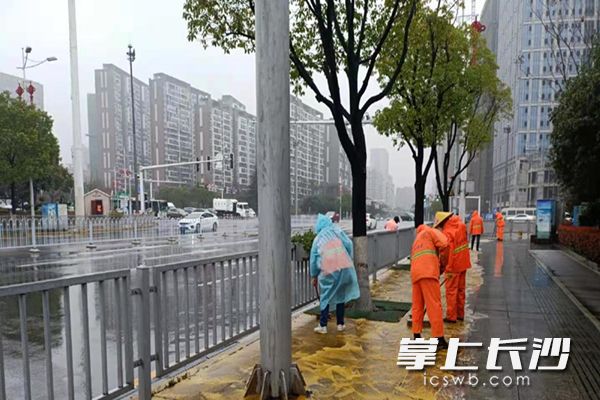 天心環(huán)衛(wèi)工人清洗新韶西路人行道路面,。