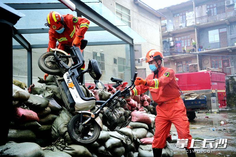 特勤大隊消防指戰(zhàn)員清理障礙,，準備為衛(wèi)輝市一小區(qū)地下停車場排澇,。長沙晚報通訊員 唐雄杰 供圖