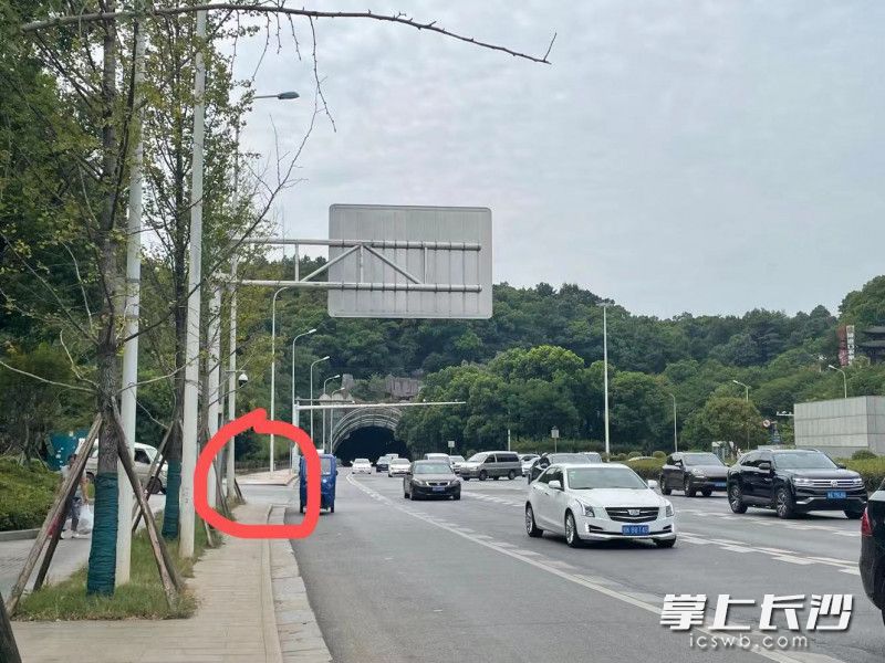 萬(wàn)家麗中路,，經(jīng)常有調(diào)頭車(chē)輛橫穿馬路進(jìn)入圭白路（紅圈處為入口）,，繞開(kāi)天際嶺隧道。均為長(zhǎng)沙晚報(bào)全媒體記者 張洋子 攝