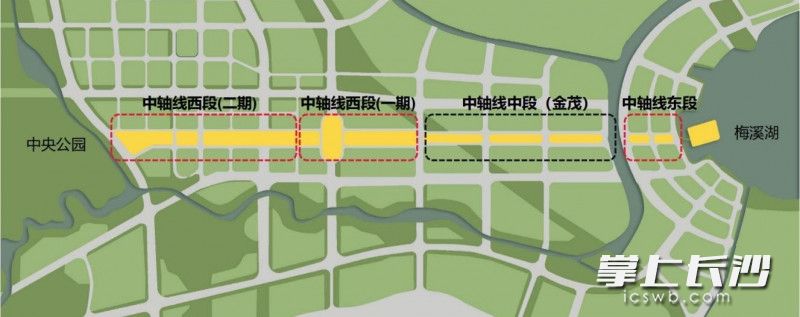 梅溪湖超級(jí)中軸分段建設(shè)示意圖,。