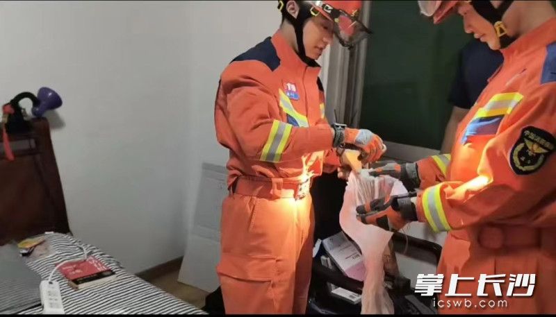 消防隊(duì)員把盤踞在床頭的蛇捉住放歸,。長沙晚報(bào)通訊員供圖