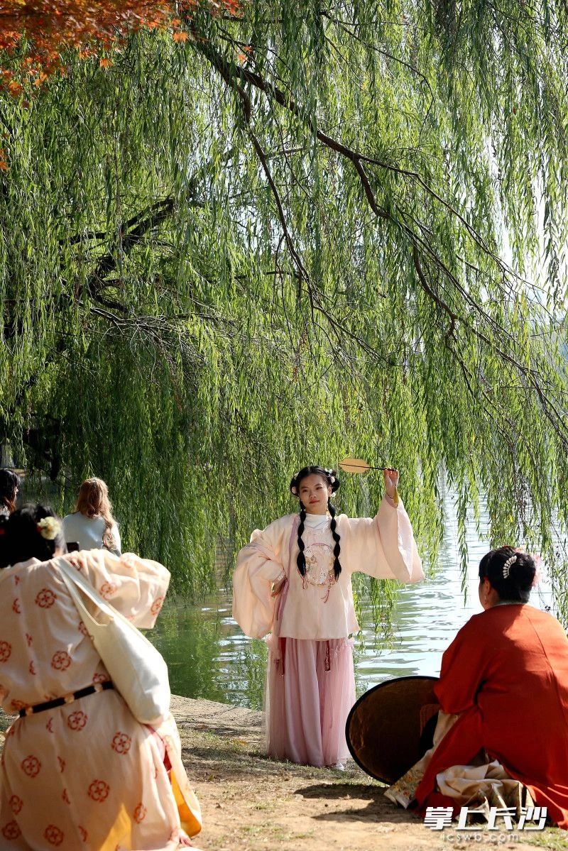 冬日暖陽下，湖南烈士公園色彩斑斕風景如畫,，女孩子們的古裝秀，吸引市民,、游客的目光。賀文兵 攝