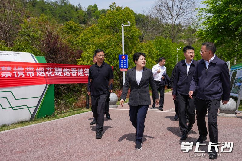 在長(zhǎng)株潭綠心跳馬片區(qū)綠道建設(shè)項(xiàng)目現(xiàn)場(chǎng),，吳桂英開(kāi)展巡林,，重點(diǎn)檢查森林防火工作。