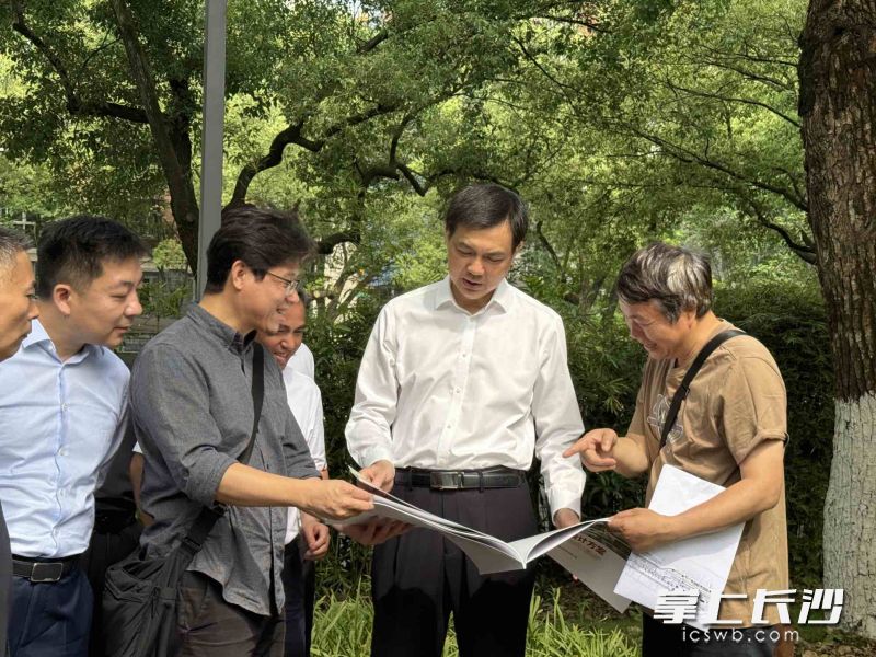 周海兵與設(shè)計單位負責人現(xiàn)場研究“館園融合”建設(shè)方案,。長沙晚報全媒體記者 黃汝兮 攝