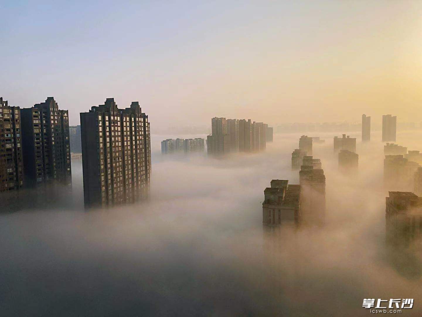 今晨,，大霧中的洋湖仿佛仙境,。網(wǎng)友“蒼山大灰兔”攝